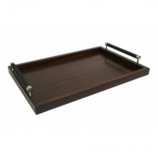 Macassar Ebony Tray with Chrome and Woven Black Leather Handles