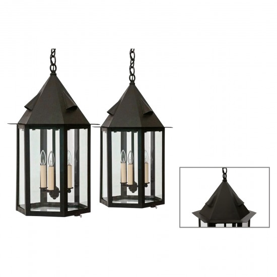 Pair of Hexagonal Blackened Metal Lanterns